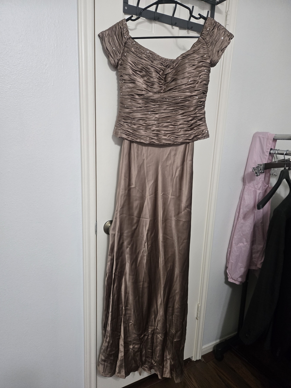 Montage by Mon Cheri Ruched Taupe Satin Prom Gown